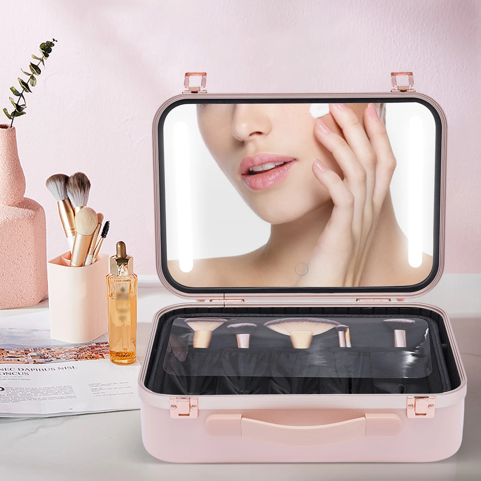 Make-up Train Case Cosmetic Organizer Box Makeup Case with Lights and Mirror Customized Dividers