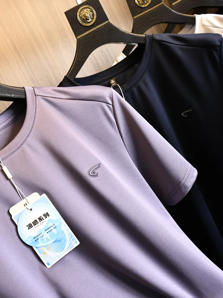 Summer Men's round Neck Short Sleeve T-Shirt  Line Glossy Finish Linen Blend Breathable Versatile Fashionable Urban S...