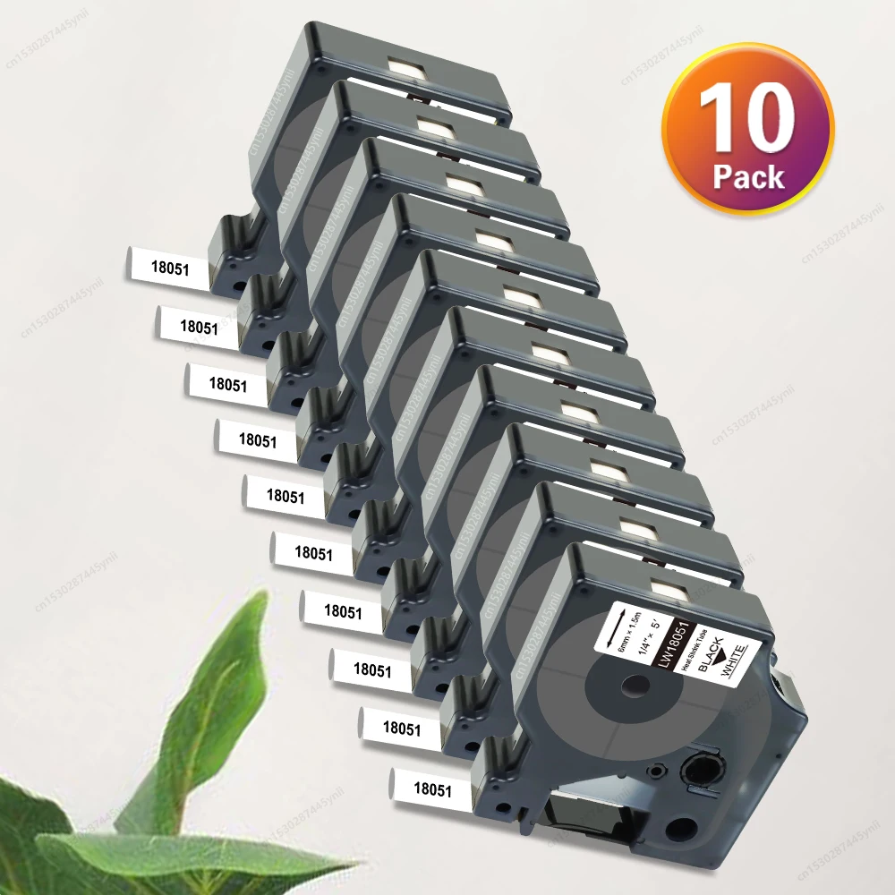 

3/10PK 18051 Compatible for Dymo 18053 18055 18057 1804443 Heat Shrink Tube Black on White for Dymo Rhino 4200 5000 Label Maker