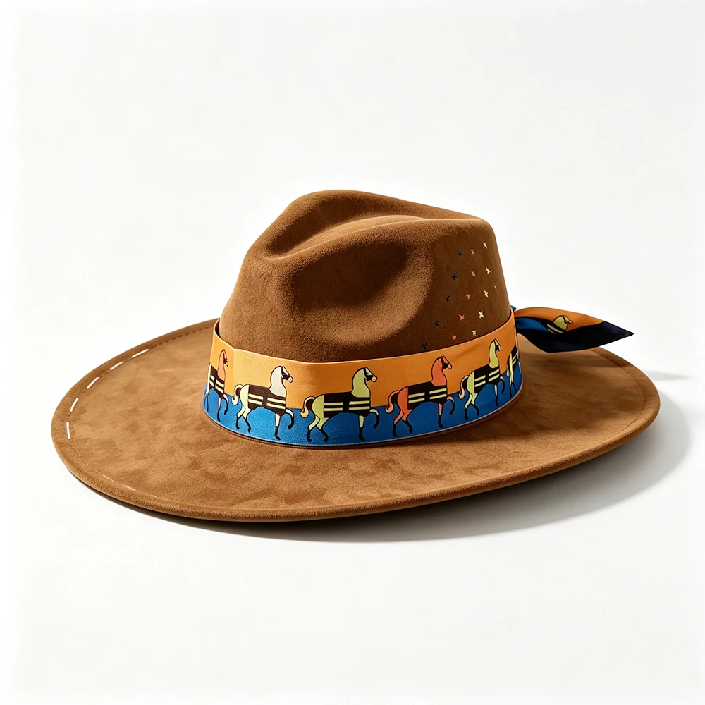 Women Brown Wide‑Brim Fedora Hat, Multicolor Horse‑Print Silk Scarf, Hand‑Sewn Cross Embroidery, Retro Fedora Hat for Travel Bea