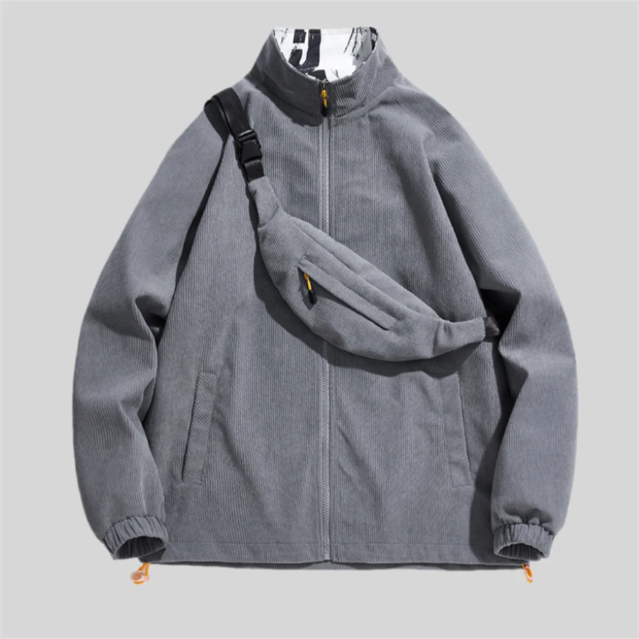 Beige Casual Jackets Men Bag Corduroy Harajuku Jacket Coats Men Streetwear Hip Hop Oversized Zip Up Patchwork Spring Jackets