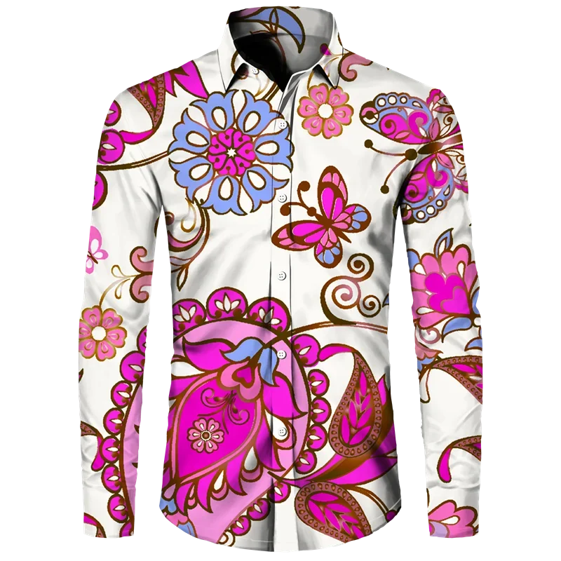 Fashion Men\'s Shirt Paisley Cashew Flower 3D Print Turn-down Collar Button Long Sleeve Tops Vintage Men Women Streetwear Clothes