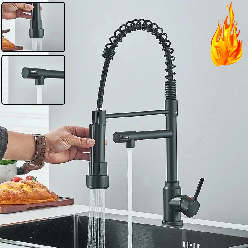 

Черный выдвижной кухонный смеситель — смеситель для горячей/холодной воды с двойным распылением и 360° ° Вращение, установка на палубе для раковины