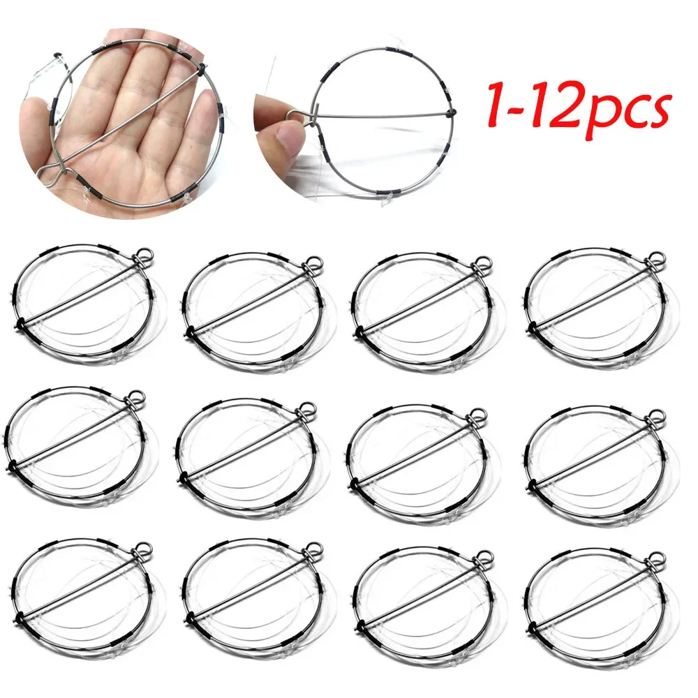 1-12 Uds 6 anillos recogedor de cangrejo bucle de acero inoxidable camarones cangrejo jaulas de pesca alimentador pesca cangrejo trampa fundida aparejos de pesca redondos
