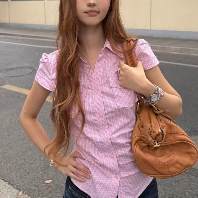 

Deeptown Sweet Pink Striped Women Shirts Aesthetic Short Sleeve Pockets Korean Fashion Slim Blouses Preppy Office Lady Summer