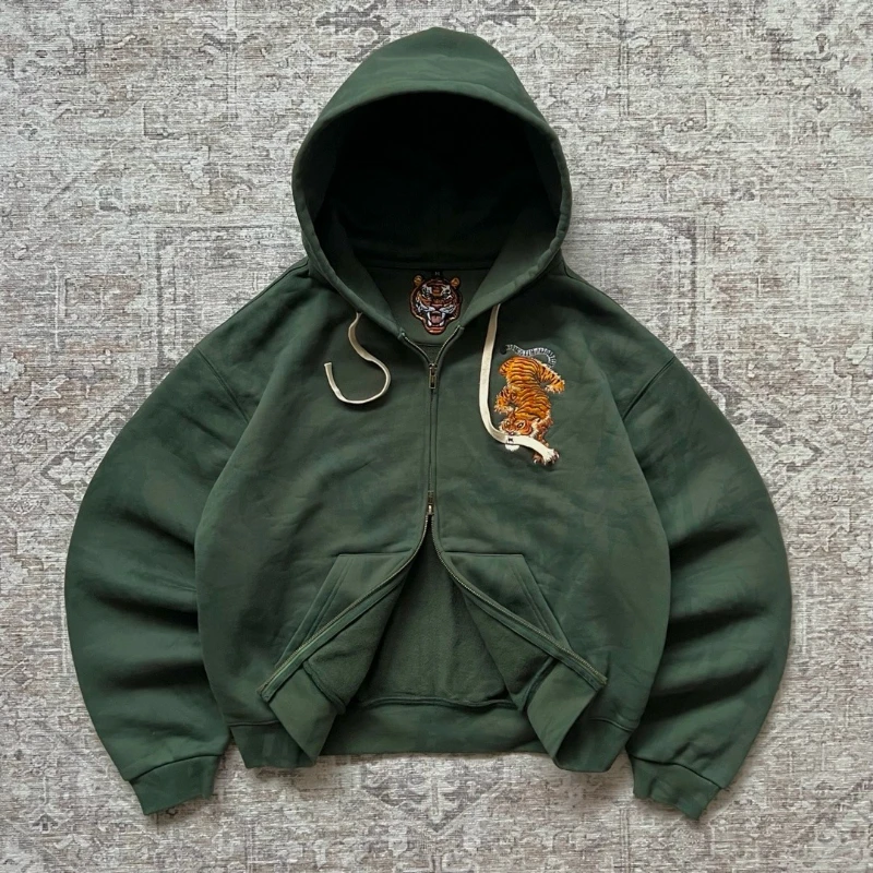 2026 Amerikanischer Mode-Casual-Hoodie Unisex Y2K Retro-Hoodie mit Tigermaul-Stickerei Doppelreißverschluss Harajuku-Sweatshirt – Detail 5
