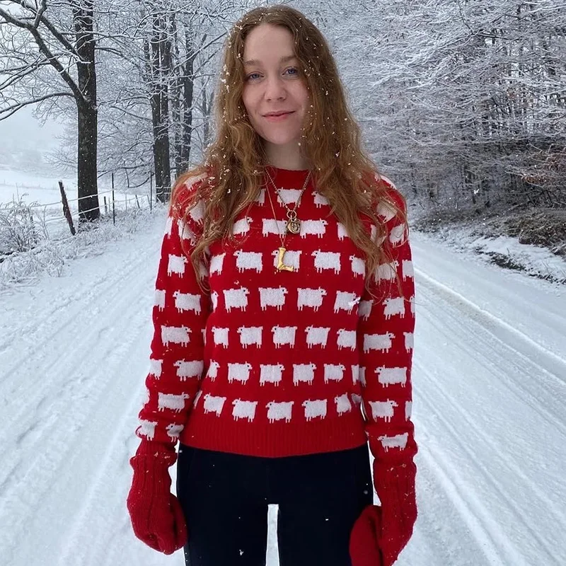 

Ticketsx Red Loose Round Neck Printed Knit Sweater Women Casual Contrast Long Sleeve Pullover Fashion Streetwear Knit Sweater
