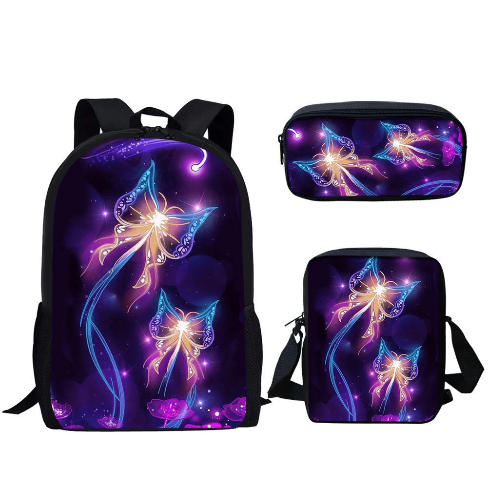 Purple Butterfly Moon Print 3Pcs Student School Bag Lunch Bag Pencil Bag for Teenager Boys Girls Casual Backpack Travel Rucksack