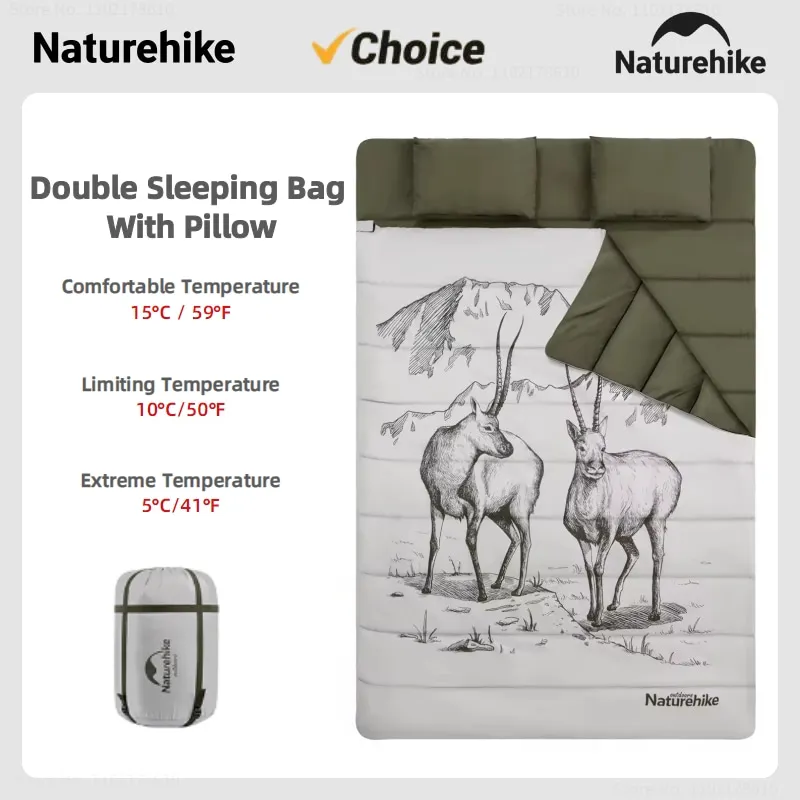 Naturehike Double-Person Sleeping Bag with Pillow Ultralight Portable Camping Thickened Sleeping Bag Outdoor Travel Double Quilt