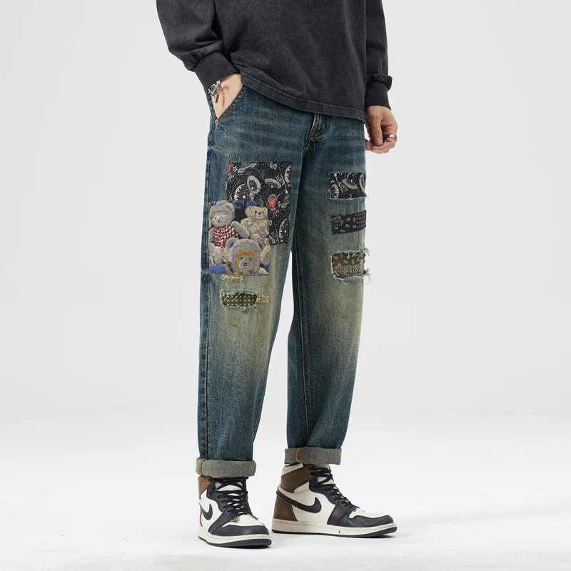

BGC9787 Tide European street jeans men's broken holes patches hit the colour patch retro personality trend