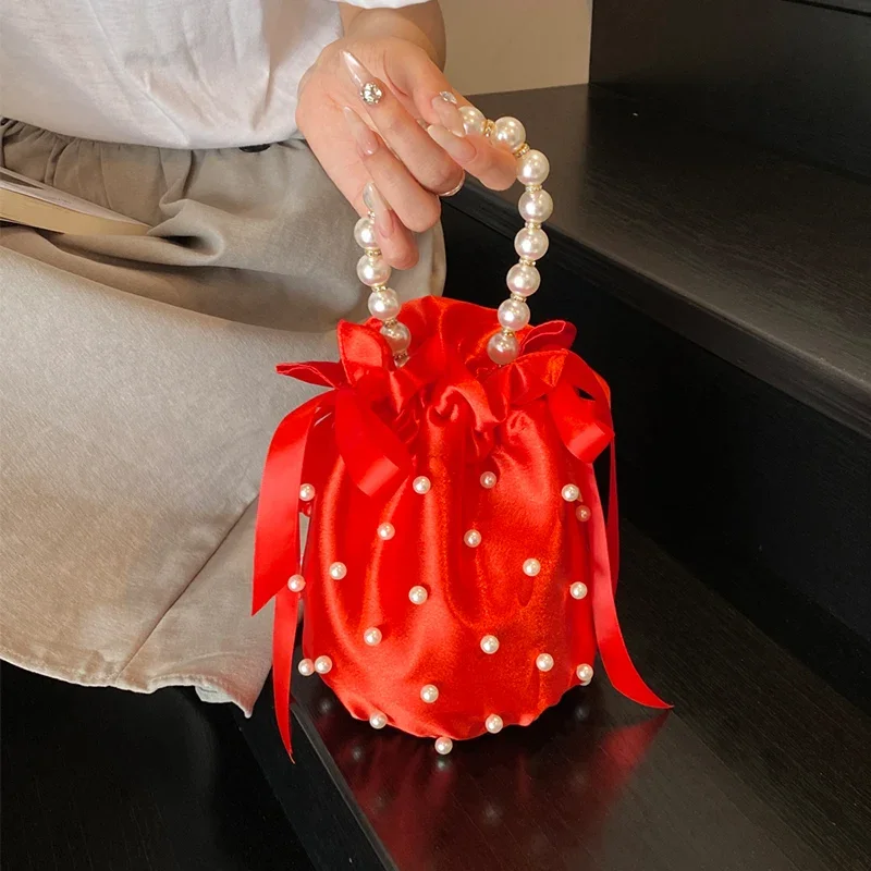 

Red Silk Wedding Wallet Luxury Pearl Handle Clutch Bag For Women Small Bucket Crossbody Bag Luxury Silver Handbag Purse