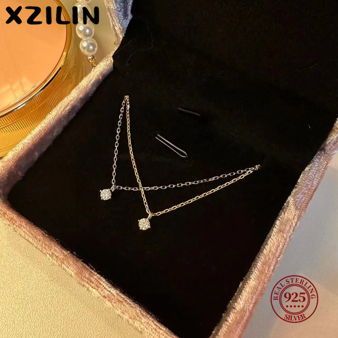 

XZiLin S925 Sterling Silver 18k Gold Plated Necklace Versatile Single Sparkling Zircon Clavicle Chain for Women Wedding Jewelry