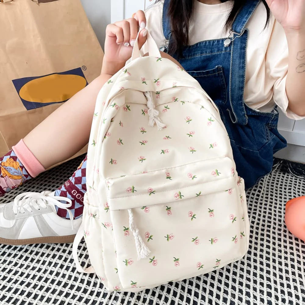 Korean Student School Backpack Floral White School Bags For Teenage Girls Cute Women\'s backpack  Book Bag Nylon Rucksack