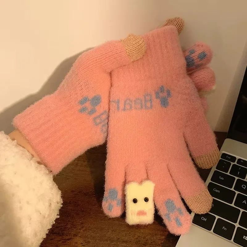 Winter Gloves for Men Women Teens Cute Cat and Bird Printed Thermal Knitted Gloves Windproof Winter Warm Mittens Glove Soft