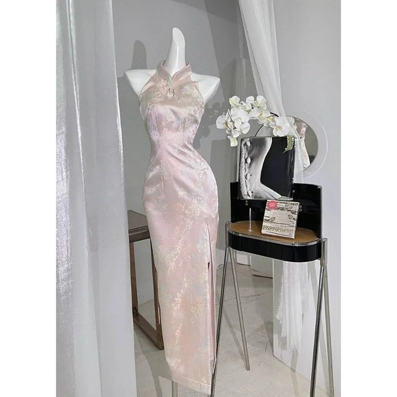 Chinese retro temperament pink cheongsam women's simple and elegant daily commuting banquet slim skirt