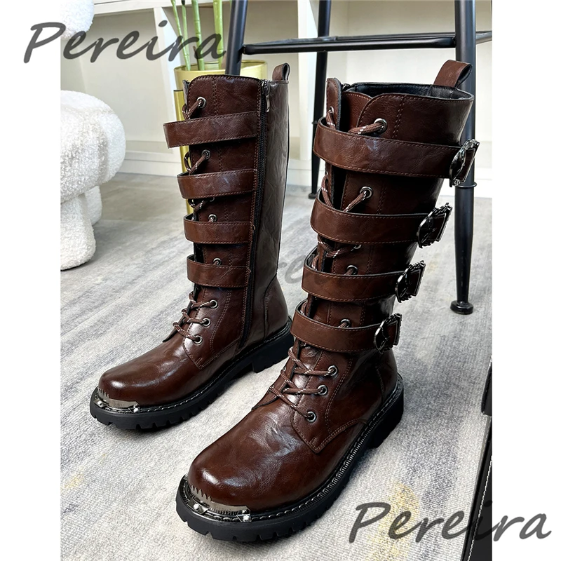 Retro Metal Decor Belt Buckle Long Boots for Men Round Toe Lace Up Thick Soled Knight Boots Autumn Winter New Outdoor Male Shoes view 3