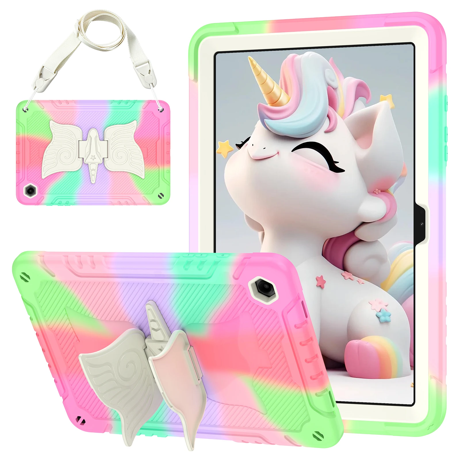 Fold Wing Case For Samsung Galaxy Tab A9 Plus SM-X210 X216B X218U Anti-Drop PC Silicone Unicorn Stand Cover With Shoulder Strap