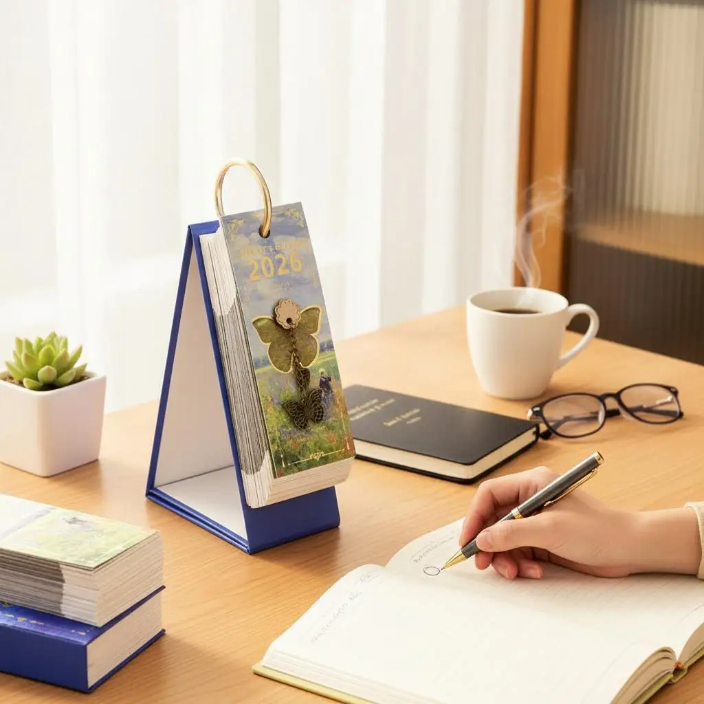 

НОВЫЙ настольный календарь на 2026 год с золотым переплетом, 365-дневная винтажная картина маслом, вдохновляющие цитаты, односторонняя страница, ежедневник