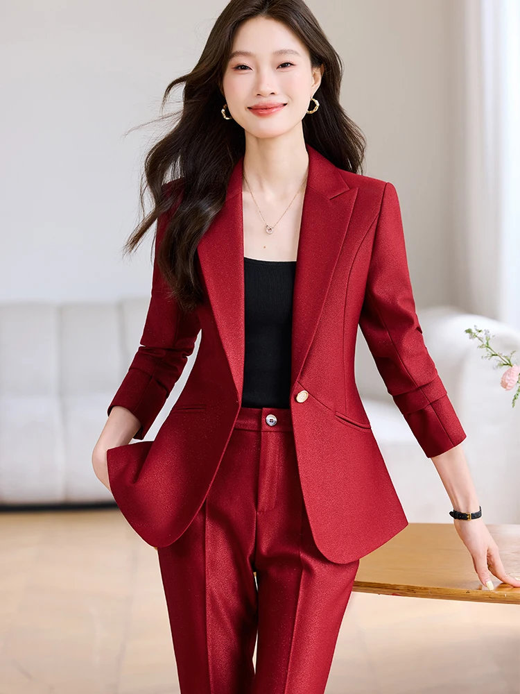 بدلة بناطيل نسائية وردي أحمر مشمش أسود مكتب السيدات العمل 2 قطعة مجموعة سترة رسمية وبنطلون #5