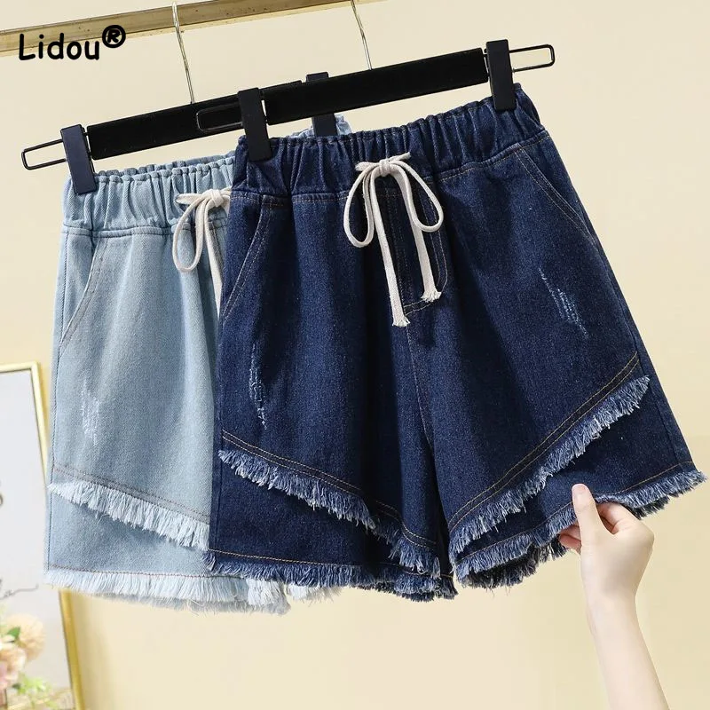 Women's Fashion All-match Spliced Denim Shorts Summer Korean Casual Solid Elastic Drawstring Wide Leg Shorts Female Clothing