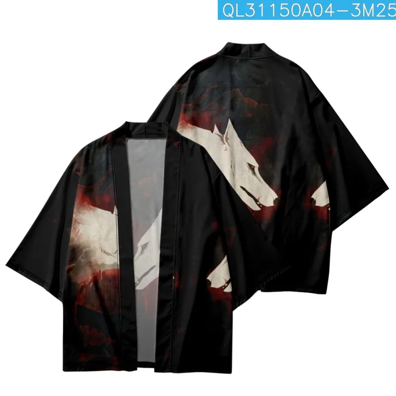 Summer Couple Women Men Japanese Streetwear Cartoon Wolf Printed Kimono Beach Shorts Traditional Cardigan Yukata