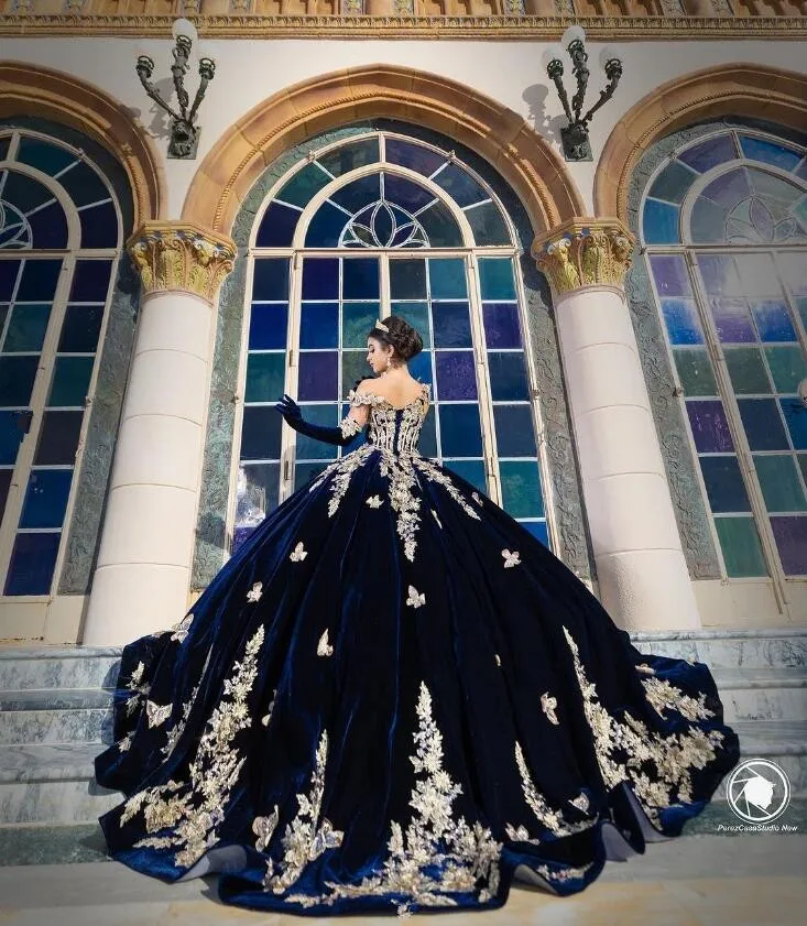 Navy Blue Velvet Princess Quinceanera Dresses with Gloves Butterfly Applique Boning vestidos de 15 quinceañera 2024 Prom Lace Up