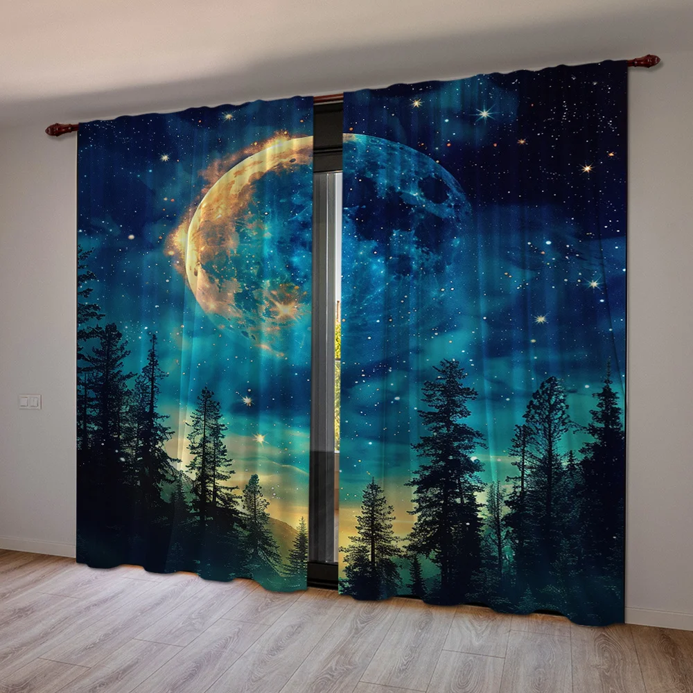 2 Pack Starry Sky Navy Blue Background Printed Curtains, Machine Washable for Living Room Bedroom Study Home Decor - Rod Pocket