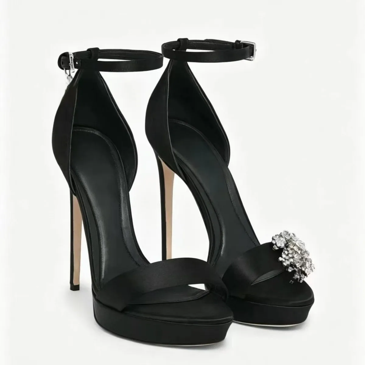 

Summer New Women Black Satin Platform Stiletto Heel Sandals Rhinestone Decor Elegant Ankle Strap Open Toe Party Wedding Sandals