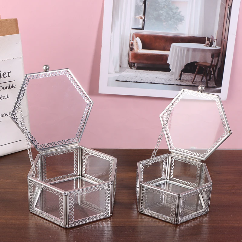 

Glass Hexagon Storage Box Perfect for Jewelry, Rings, Earrings, Beads or Coins, Keepsake Organizer and Display Case Container