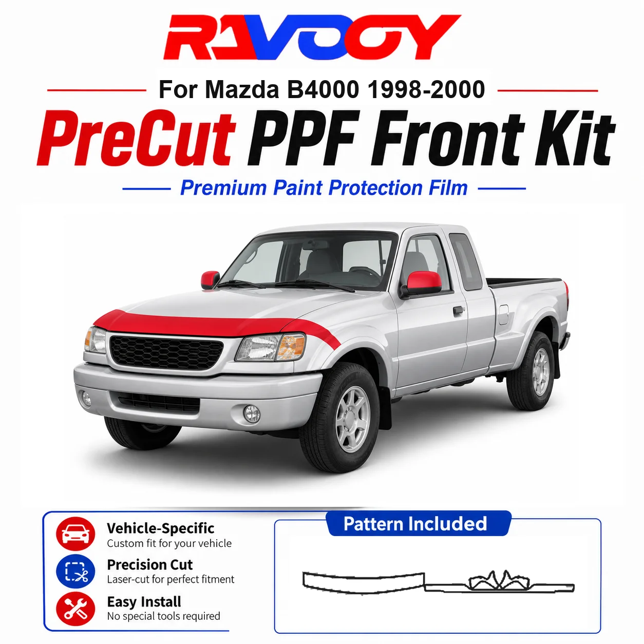 

8.5mil TPU Precut PPF Kit For Mazda B4000 1998-2000 - Hood, Fenders & Mirror Set - Self-Healing Clear Bra Film