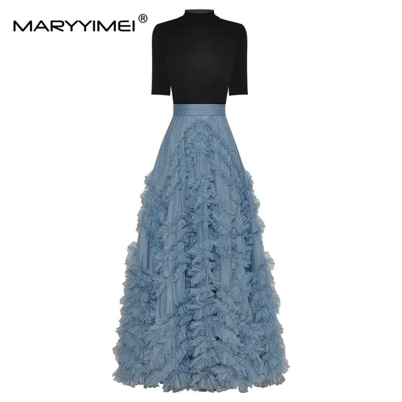 

MARYYIMEI Summer Women's Suit Short sleeved Elastic knitted top+Mesh wood ear edge puffy skirt Fashion designer Two Pieces Set