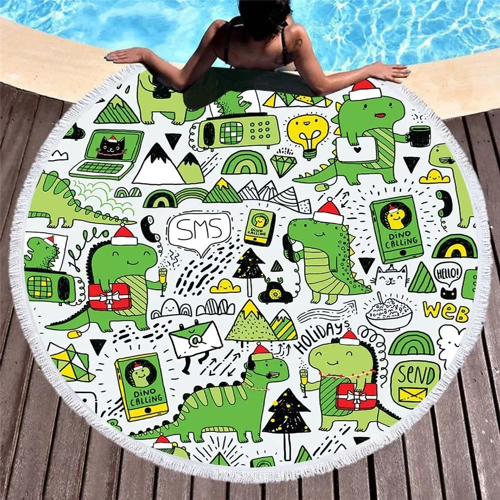 Fashion Lovely Large Microfiber Fabric Bath Towel for Children Adults Thick Dinosaur Print Home Decor Round Beach Towel