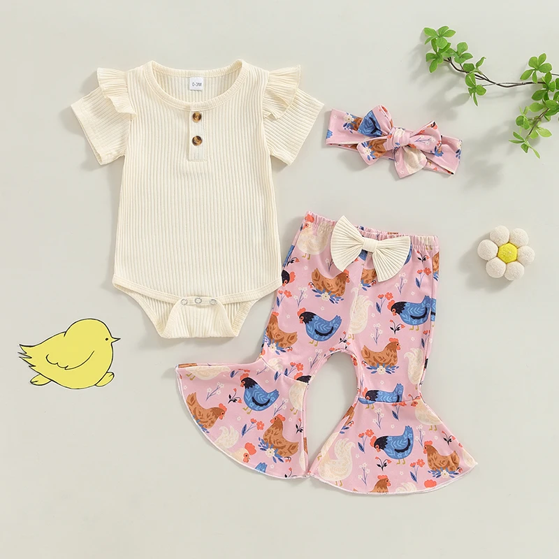 

Suefunskry Baby Girl Romper Outfit Ribbed Ruffled Short Sleeve Jumpsuit with Floral&Chick Flare Pants Headband 3Pcs Outfit