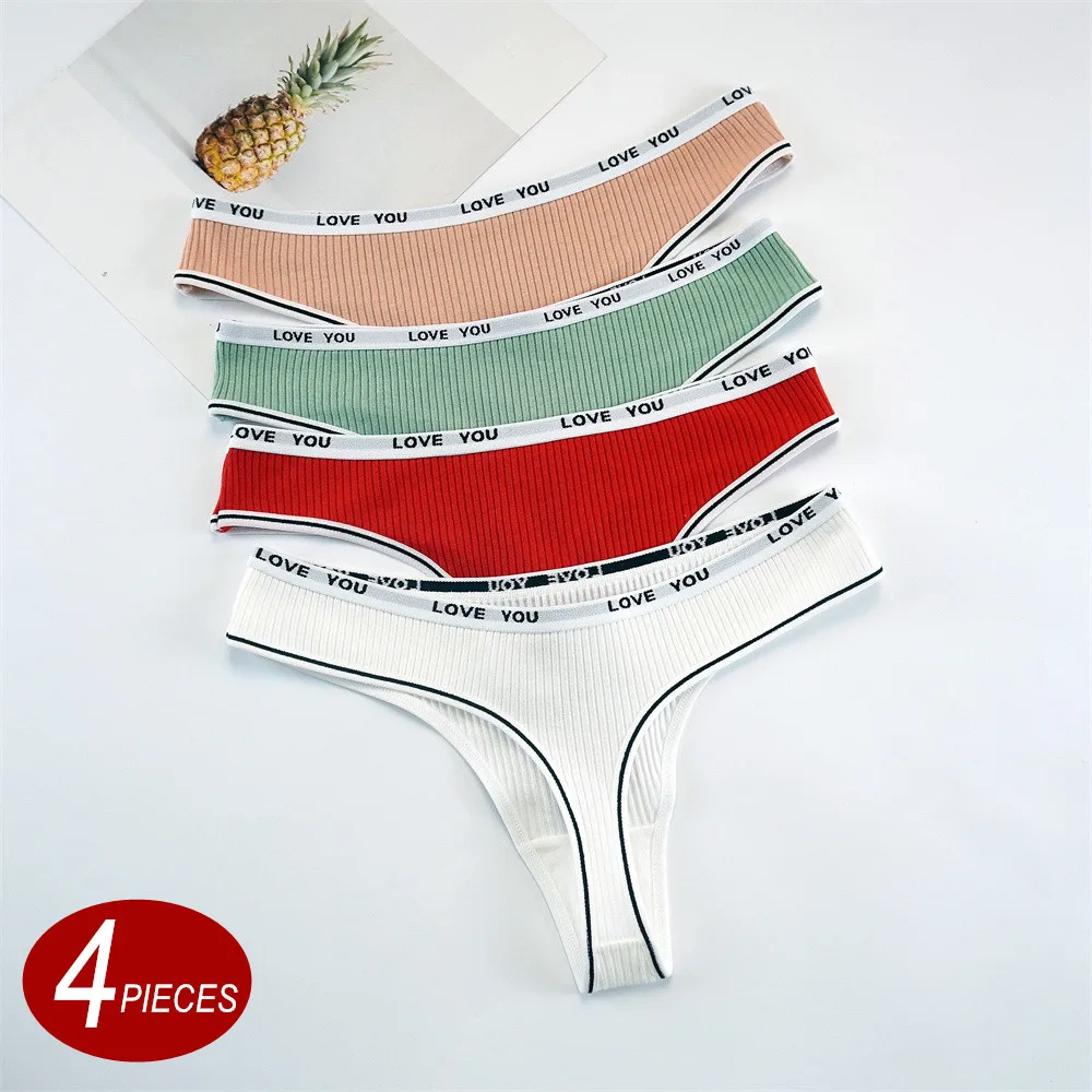 4 pezzi Wholeslae perizoma in cotone a costine mutandine sexy da donna taglie forti vita bassa senza cuciture T-back lettere vita comfort biancheria intima