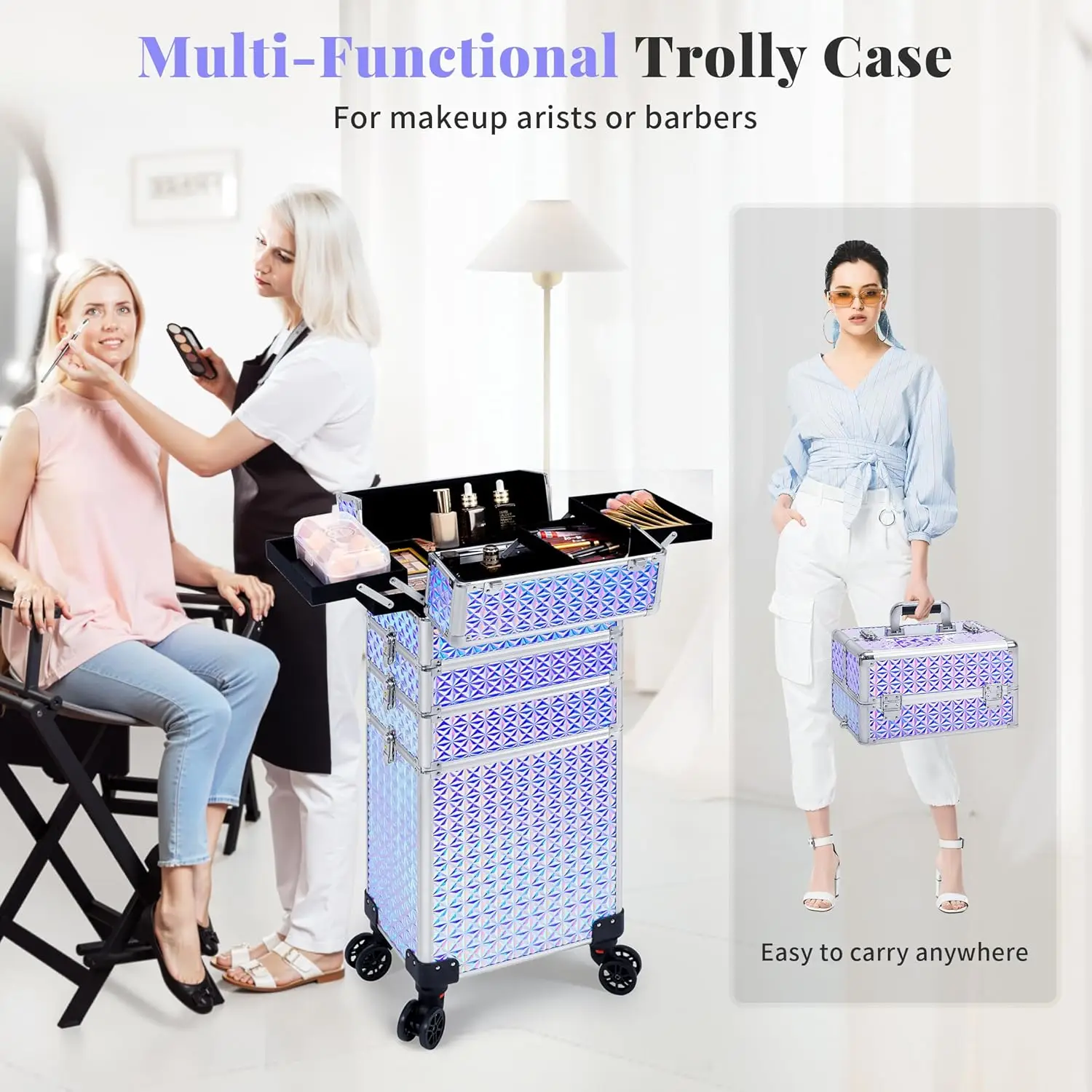 5 in 1 Rolling Makeup Train Case Cosmetology Case on Wheels Large Cosmetic Organizer Travel Cart for Nail Beauty Salon Barber