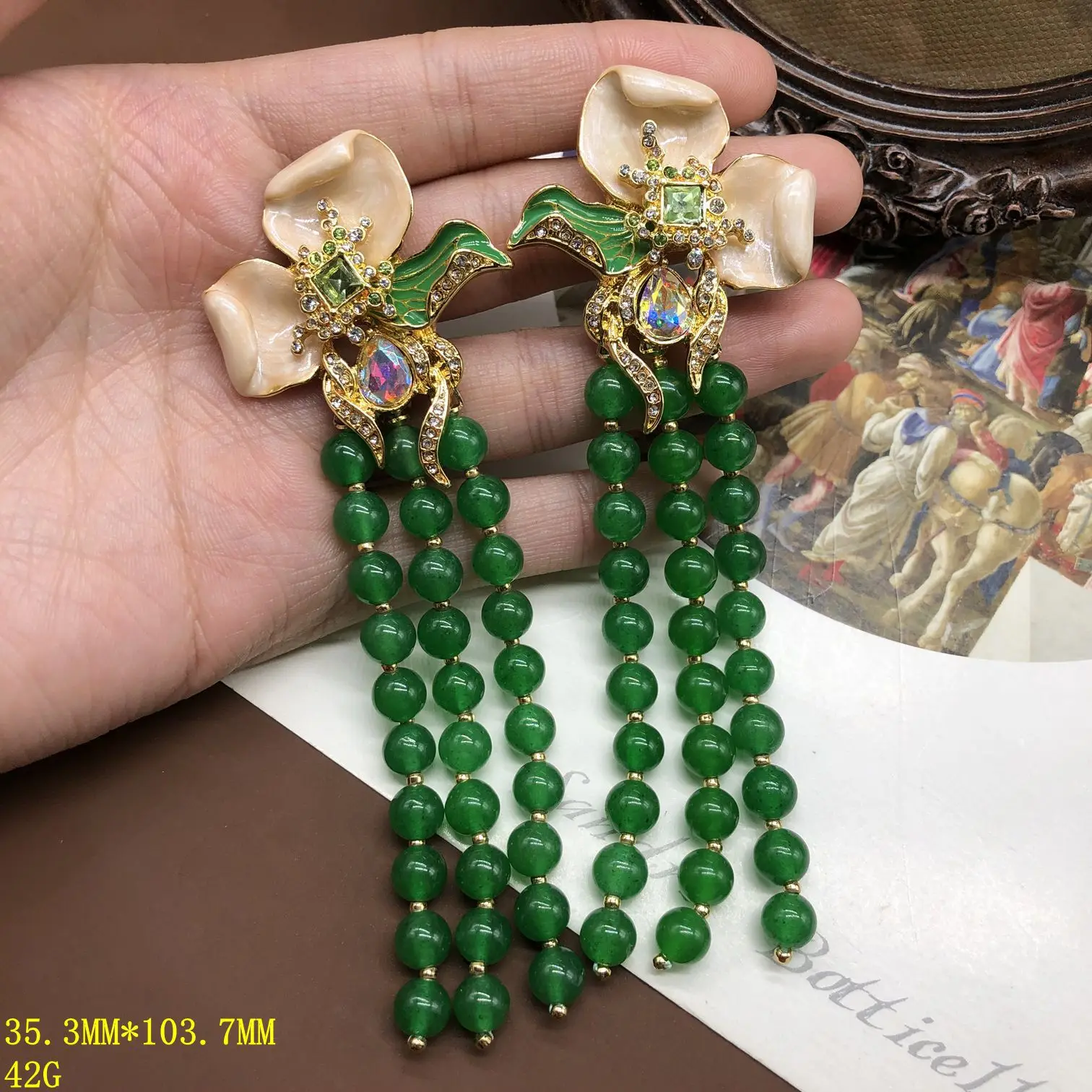 Vintage Agate Green Flower Tassel Stud Earrings Classical Embedded Shoulder-Sweeping Earrings Jewelry Accessories for Women