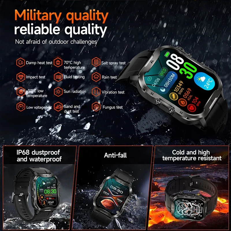 2025 Military-Grade Rugged Smartwatch for Outdoor Enthusiasts LED Flashlight, Bluetooth Call, Heart Rate Blood Oxygen Monitoring