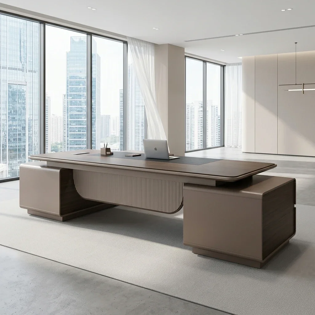 #Luxury Floating Executive Desk With Charcoal Writing Pad, Ribbed Taupe Panel And International Socket For Complete Office Suite