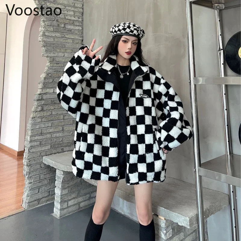 Autumn Winter Thicken Warm Checkerboard Plaid Lamb Wool Jackets Wear On Both Sides Coats Female Harajuku Stand Collar Outerwear