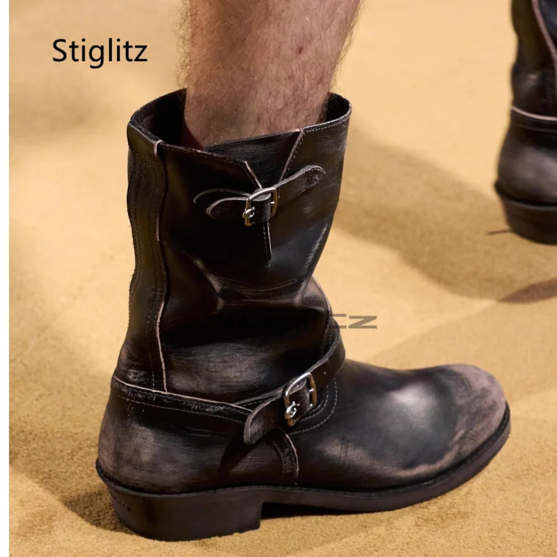 Botas de vaquero del oeste Retro para hombres y mujeres, hebillas de cinturón de cuero desgastado, botas de montar con punta redonda a media pantorrilla, zapatos de trabajo hechos a mano