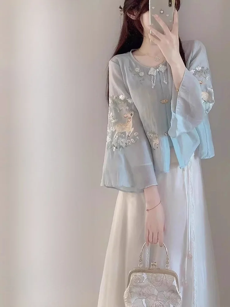 Nieuwe Chinese Sle Geborduurde Zomer Outfit Dames Zachte Sle Tweedelige Set Met F Rok Or S Sve Ronde Ne knop