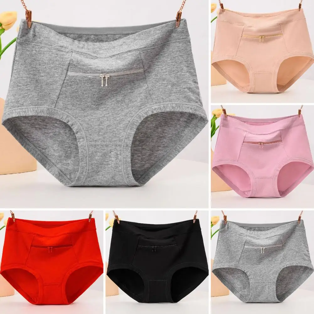 Women Underwear Anti-theft Zipper Pocket High Waist Stretch Breathable Cotton Middle-aged Mom Grandma Brief Panties Underpants