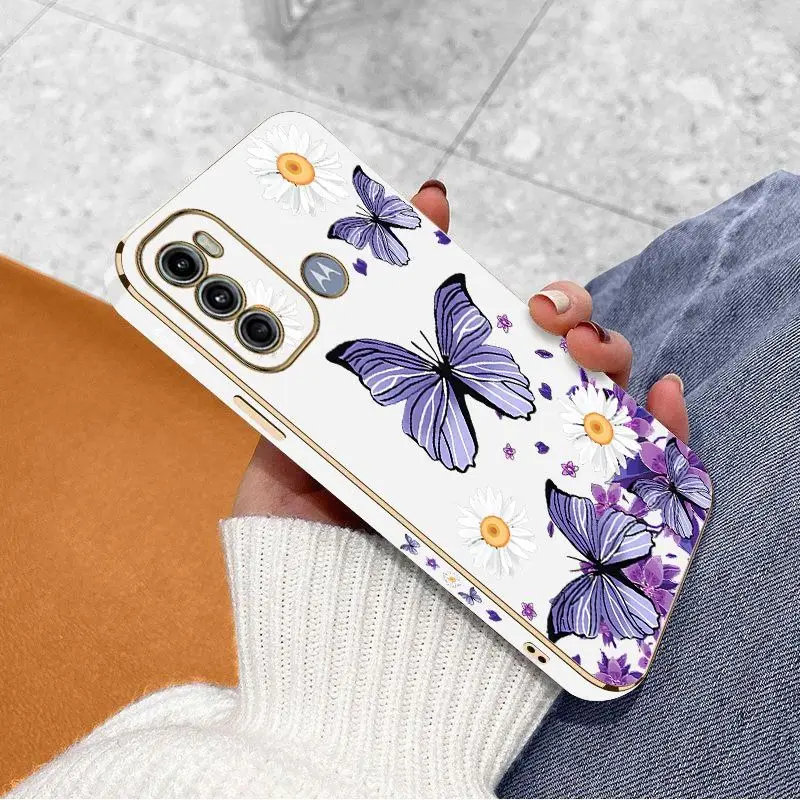 Purple Butterflies Luxury Plating Phone Case For Motorola Moto G60 G53 G52 G50 G42 G30 G20 G22 G52 E7Plus G9 Play G8 Power Cover