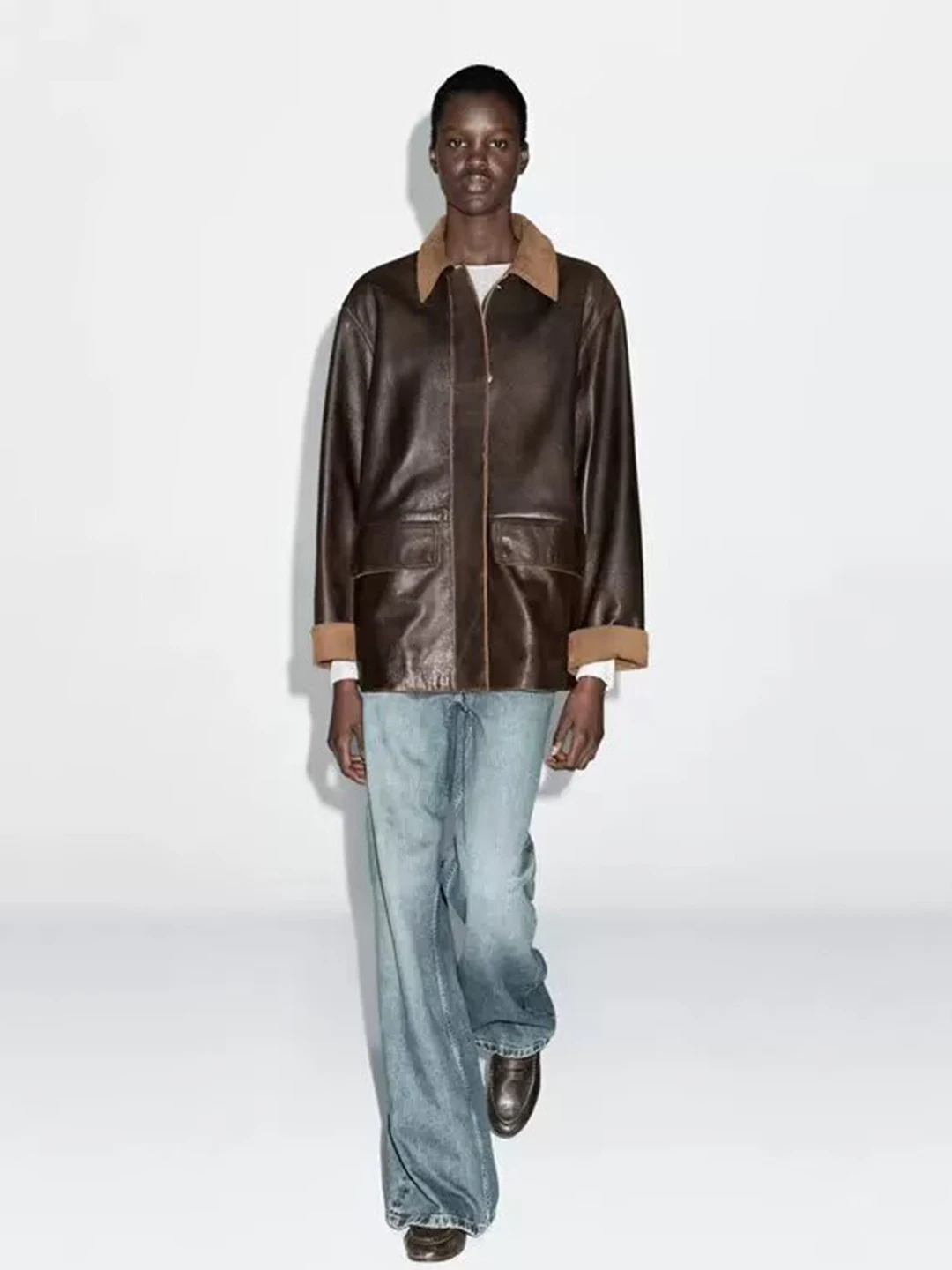 

Ele Casual Corduroy Patchwork Stand Collar Leather Jaet New Autumn Winter Women's Faion Straight Cut Long Sve Coat