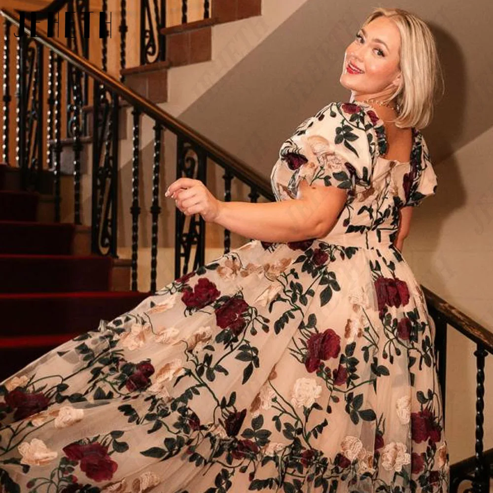 JEHETH Floral Puff Maniche Prom Dresses A-JEHETH abiti da ballo con maniche a sbuffo floreali a-line abito da festa in pizzo con ricamo lunghezza alla caviglia colletto quadrato abiti da cerimonia per occasioni formali