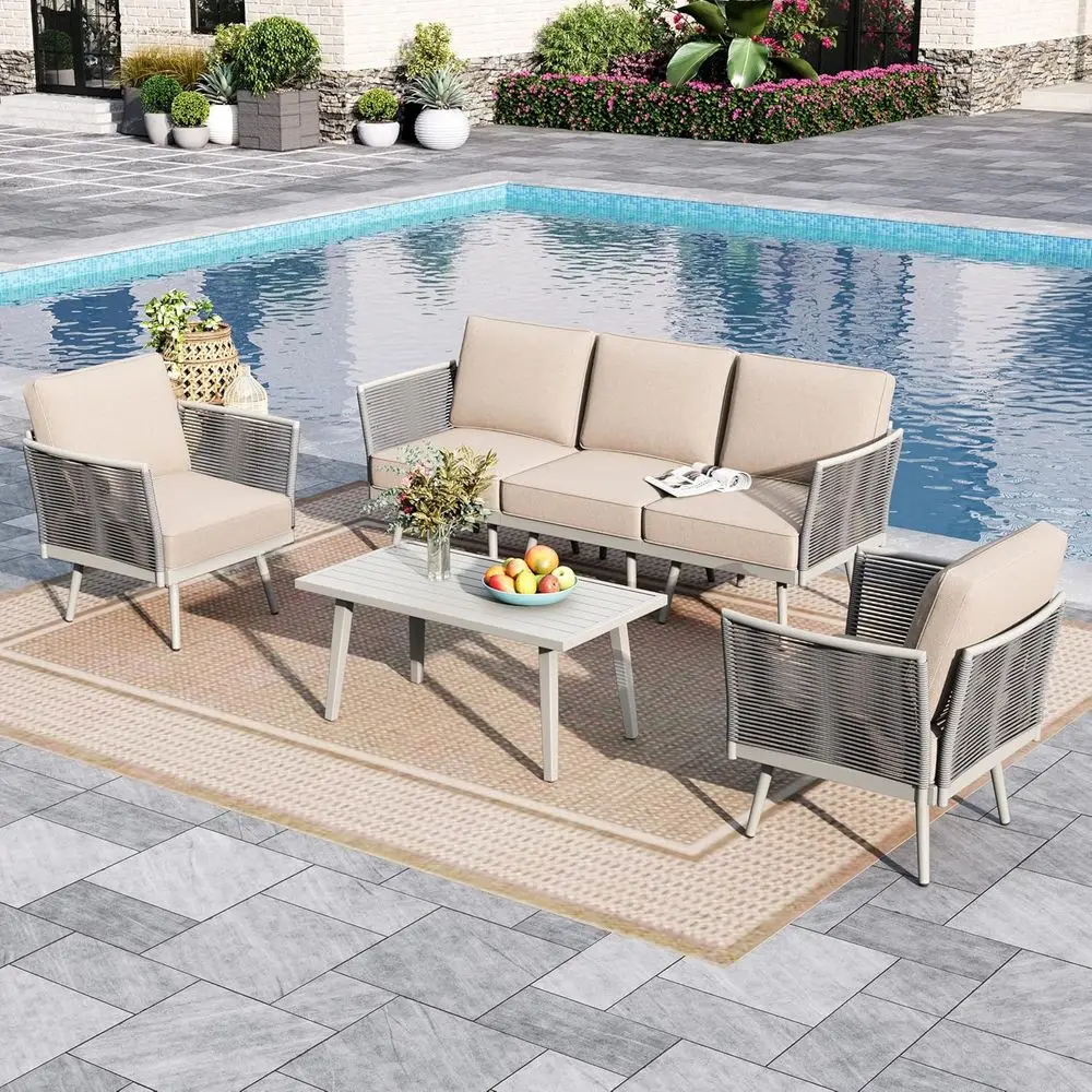 

6-Piece Outdoor Sectional Furniture Set with Rope PE Rattan and Coffee Table, Weather-Resistant with Rust-Proof Frame and Olefin