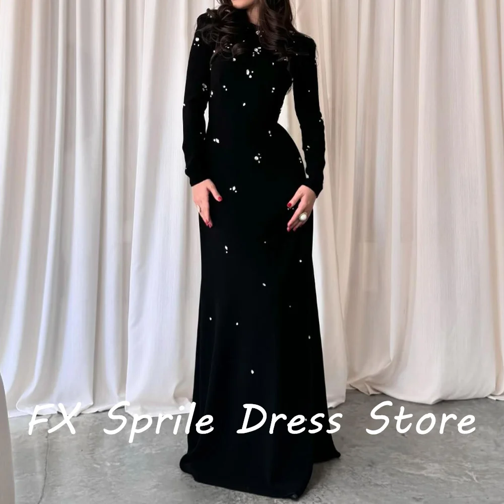 Crew neck Long Sleeves Jersey Crystal Straight Floor Length Zipper Back Solid Color Exquisite Evening Dresses Woman Custom Size