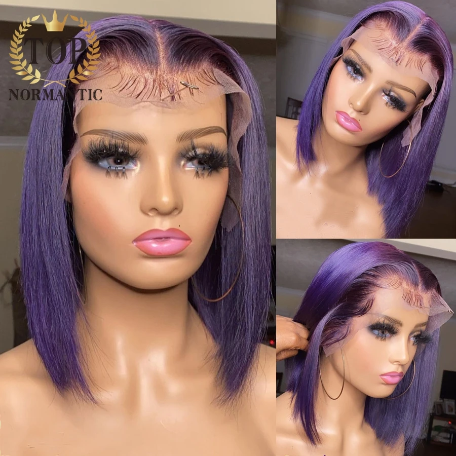 Topnormantic Purple Color 4x4 Lace Closure Straight Wigs for Women Brazilian Remy Human Hair Bob Wig Preplucked Hairline