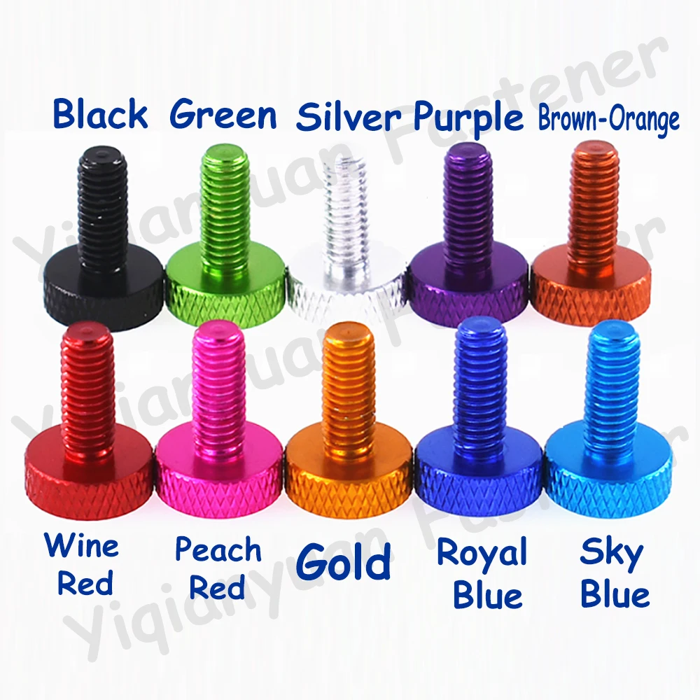 Yiqianyuan 다채로운 알루미늄 M3.5xP0.6 널링 엄지 나사 GB835 플랫 헤드 거친 스레드 손 조임 해치 나사