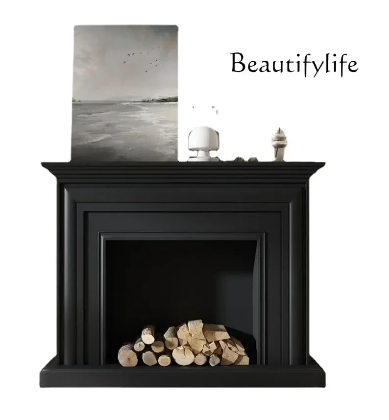 American solid wood fireplace decoration Italian solid wood black fireplace rack Home living room white shelf